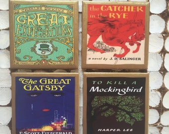 COASTERS!! The classic book coasters with gold trim. The Catcher in the Rye, To kill a Mockingbird, The Great Gatsby and Great Expectations