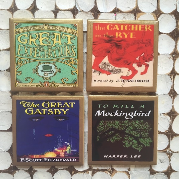 COASTERS!! The classic book coasters with gold trim. The Catcher in the Rye, To kill a Mockingbird, The Great Gatsby and Great Expectations