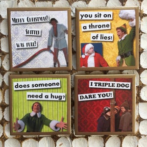 COASTERS! Funny Christmas movie quotes set of coasters with gold trim