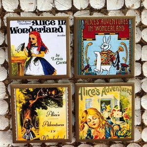 COASTERS! Alice in Wonderland book cover coasters with gold trim