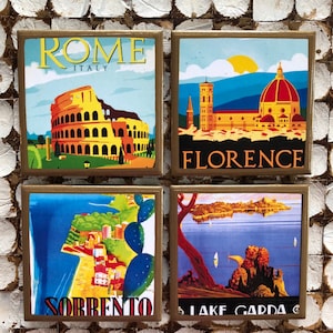 COASTERS! Vintage Italian travel poster coasters with gold trim