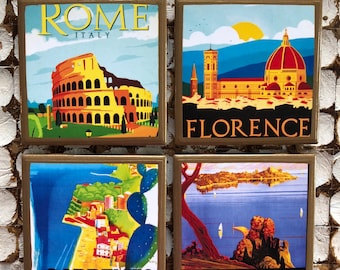 COASTERS! Vintage Italian travel poster coasters with gold trim