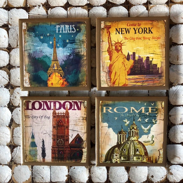 COASTERS!! World Traveler set of coasters with gold trim