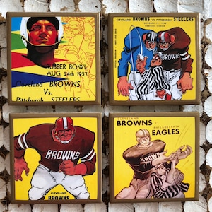 COASTERS! Cleveland vintage football program cover coasters with gold trim