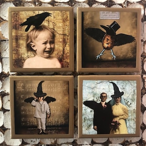 Raven Halloween Coasters with Gold Trim: Ceramic Coaster Set