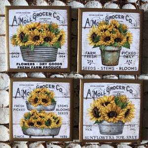 COASTERS! Farmhouse inspired sunflower coasters with gold trim!
