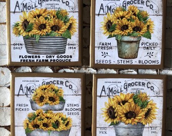 COASTERS! Farmhouse inspired sunflower coasters with gold trim!