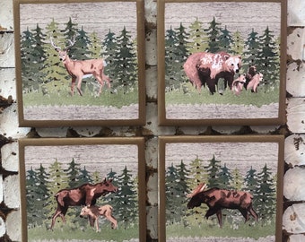 ¡POSAVASOS! Montañas rusas de vida silvestre de bosque de pinos con adornos dorados