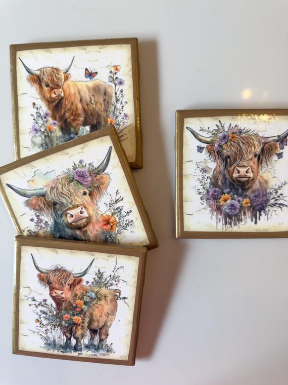 COASTERS! Highland cow coasters with gold trim