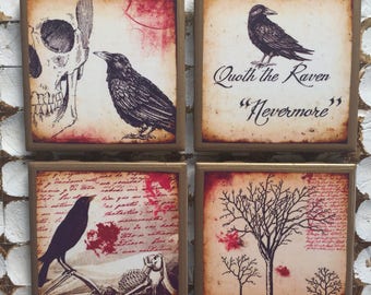 COASTERS! Edgar Allen Poe inspired raven coasters with gold trim