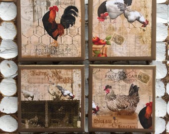 COASTERS! Rooster and chicken coasters with gold trim