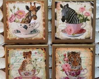 COASTERS! Animal print coasters with teacups and gold trim