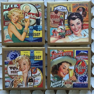 COASTERS!! Set of Vintage Beer Girls Coasters with Gold Trim