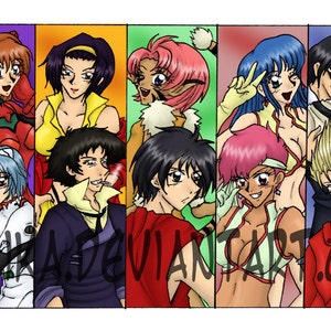 Puede incluir: Una ilustración digital de nueve personajes de anime, cada uno con un peinado y un atuendo diferente. Los personajes están dispuestos en una fila, con un fondo de color diferente detrás de cada personaje. Todos los personajes sonríen y miran al espectador. El texto "KOJIHI A DEVIANTART.COM" está en la parte inferior de la imagen.