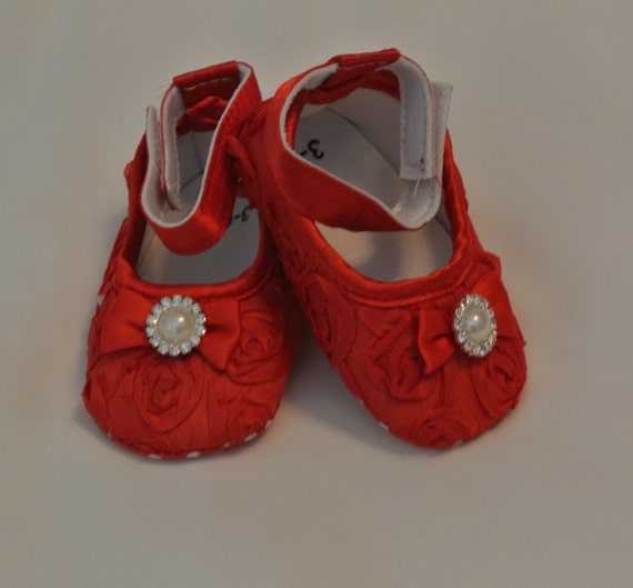 Baby Girl Red Satin Rosette Crib Shoes Baby shoes Ready to Etsy