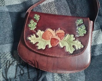 Genuine Leather Bag with acorns and leaves | Shoulder Bag