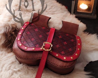 Scarlet Lily - Medieval Leather Pouch with Red LILIES – Handmade Fantasy Bag, Belt Bag / Renaissance, Cosplay Accessory