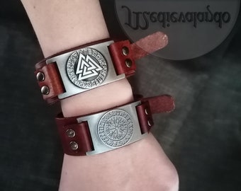 Viking Leather Bracelet Valknut, Vegvisir, Runes | Celtic Biker Man Woman