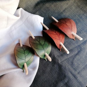 Hair Slide with Pin Leather Walnut Leaf and Walnut Wood