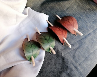 Hair Slide with Pin Leather Walnut Leaf and Walnut Wood