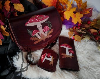 Complete Handmade Leather Set: Bag, Wallet and Coin Purse Amanita Mushrooms & Oak Leaves – Natural Magic Artisan Craft