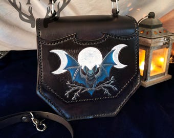 Bat Handbag or Shoulder Bag in Leather / Triple Moon, Wicca, Witch, Gothic