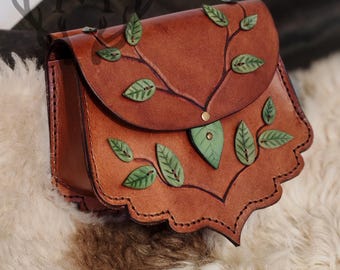 Bolsa de cuero artesanal con hojas: cinturón de fantasía élfica medieval, recreación LARP