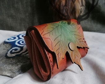 Card Holder / Mini Wallet / Coin Purse, Genuine Leather Small Wallet, Maple leaf | Elven, Fairy, Celtic, Cottagecore