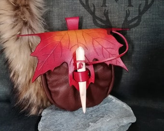 RED MAPLE - Leaf Pouch, Leather Belt Bag | Fantasy Larp Ranger Elf RPG Sca Fairy Celtic