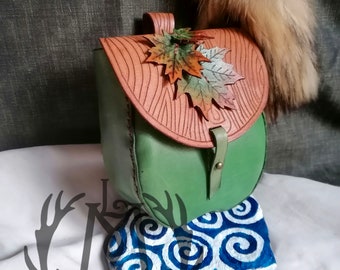 Handmade Leather Belt Pouch with Leaves, Maple Leaves | Cottagecore, Fairy, Elf, Ranger, LARP, Nymph