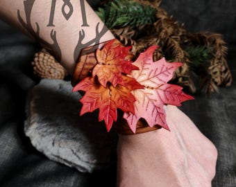 Maple Leaves and Wood effect Bracelet | Genuine Leather Cuff Wristband Bracelet | Elf, Fairy, LARP, Cosplay