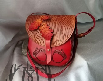 Handgemaakte leren schoudertas van eikenhout | Cottagecore, Fee, Elf, Ranger, LARP, Nimf
