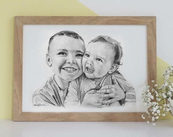 custom portrait charcoal sketch, hand drawn, drawing from photo