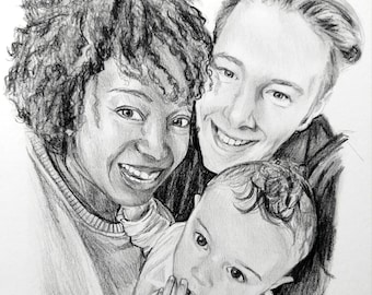 May include: A graphite pencil drawing on paper depicting a portrait of three individuals. The composition features a person with curly hair, another person with short hair, and a small child in the foreground, all smiling together.