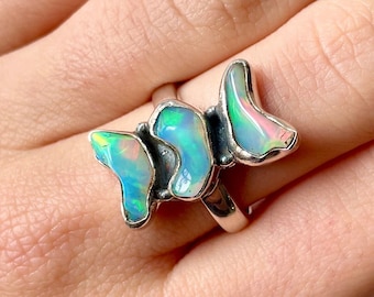 Beautiful Triple Ethiopian Opal Ring Solid 925 Silver Jewelry Size 9 Healing Crystals Reiki Chakra Boho Rings