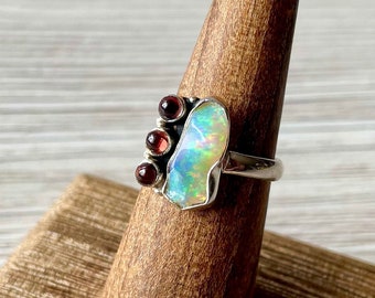 Polished Ethiopian Opal and Garnet Gemstone Ring 925 Sterling Silver Size 6