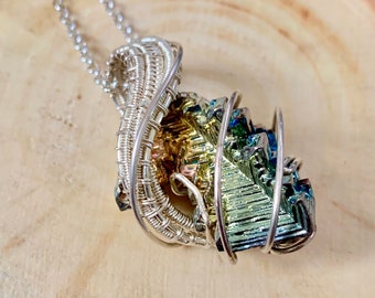 Intricate Bismuth Wire Wrapped Pendant on Silver Chain