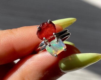 Natural Ethiopian Opal Rough & Garnet Rough 925 Silver Ring Jewelry Size 5