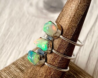 Stunning Triple Ethiopian Stack Ring Opal 925 Sterling Silver Genuine Gemstone Statement Ring Size 7.5