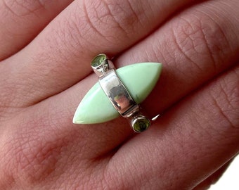 Natural Citron Chrysoprase & Peridot 925 Sterling Silver Ring 7