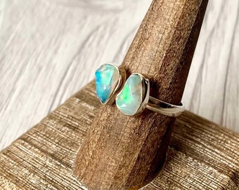 Beautiful Double Ethiopian Opal Ring Solid 925 Silver Jewelry Size 8.5 Healing Crystals Reiki Chakra