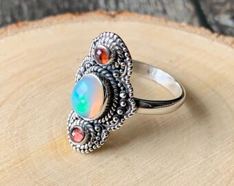 Polished Ethiopian Opal and Garnet Gemstone Ring 925 Sterling Silver Size 9