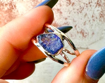 Beautiful Doubld Banded Sterling Silver Rough Tanzanite Ring Size 6.5