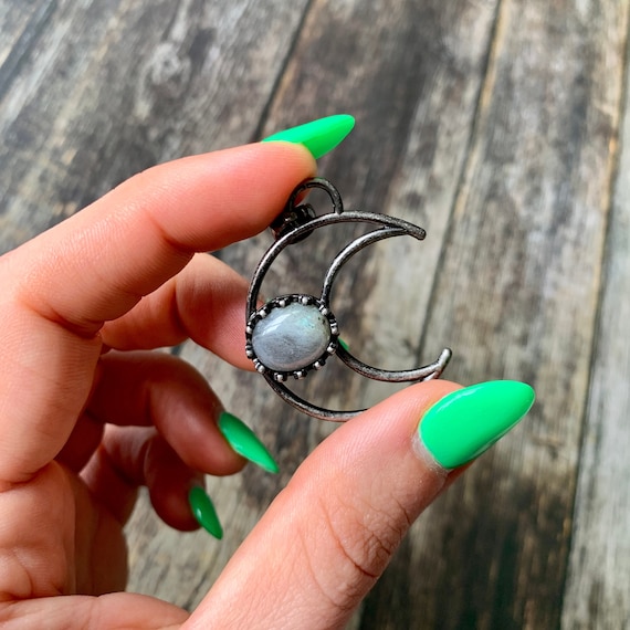 Boho Crescent Moon Labradorite Pendant Amulet on Black Velvet Chain