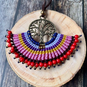 Macrame Tree of Life Necklace with Made with Waxed Cotton Cord and Brass Beads Hippie Festival Bohemian Handmade Tribal