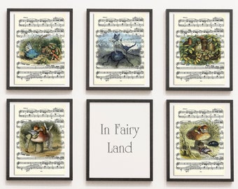 Print Set of 5 Magical Fairy Land, Fairy Print, Fairy Art, Music Sheet, Drawn Illustration, DIGITAL DOWNLOAD