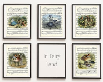 Print Set van 5 Magische Fairy Land, Fairy Print, Fairy Art, Music Sheet, Getekende Illustratie, DIGITALE DOWNLOAD