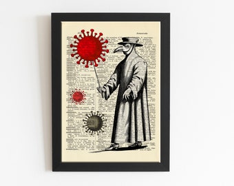 Pest Doctor Coronavirus Print, Plague Doctor Illustratie, Covid, Woordenboek Art Print, Getekende Illustratie, DIGITALE DOWNLOAD
