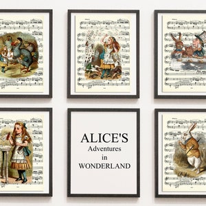 Print Set of 5 Alice in Wonderland, Music Sheet, Mad Hatter, Drawn Illustration, DIGITAL DOWNLOAD