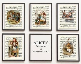Print Set van 5 Alice in Wonderland, Music Sheet, Mad Hatter, Getekende Illustratie, DIGITALE DOWNLOAD